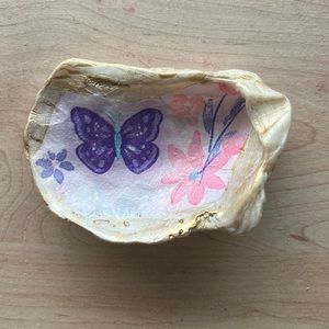 Oyster shell Decoupage Butterfly & Flowers ring trinket holder
